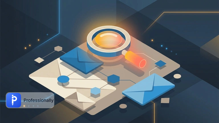 Magnifying glass inspecting digital envelopes representing an email tools audit