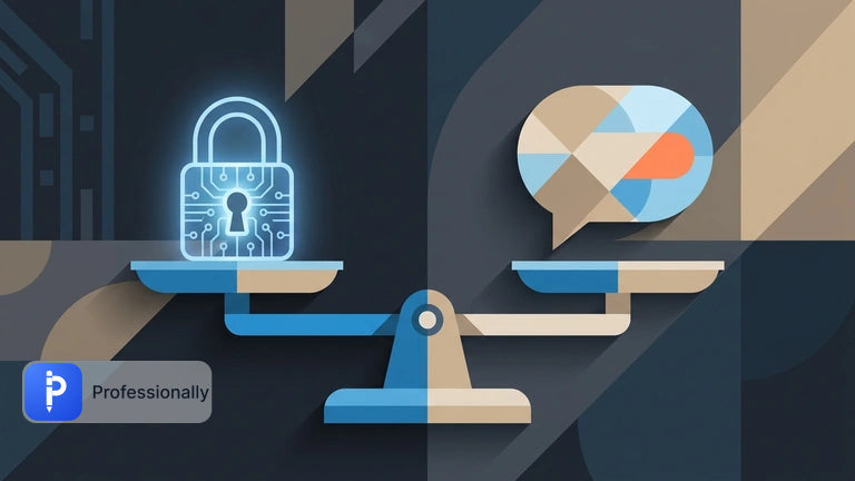 A scale balancing a digital padlock and an abstract speech bubble.