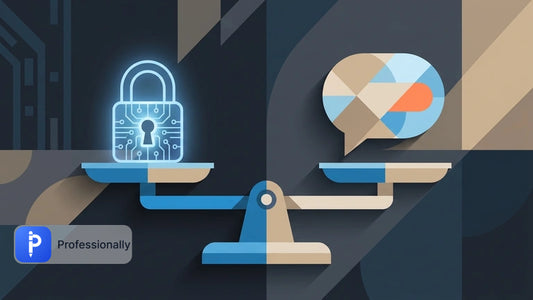 A scale balancing a digital padlock and an abstract speech bubble.