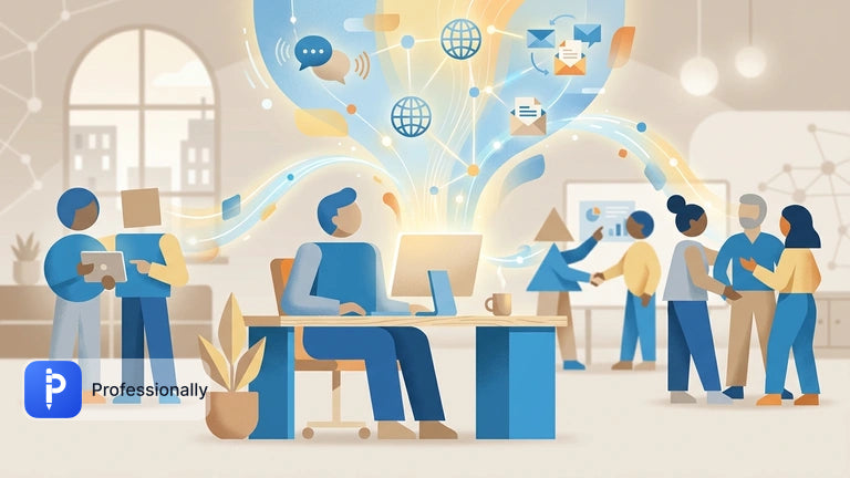 Professional confidently managing workplace communication with a digital interface.
