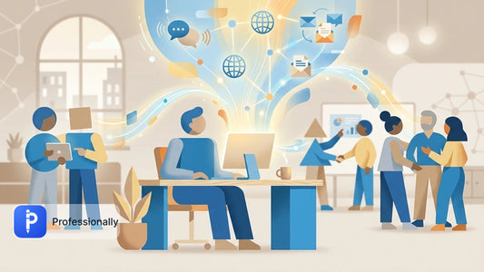 Professional confidently managing workplace communication with a digital interface.