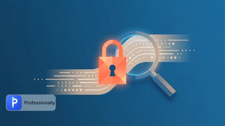 Magnifying glass inspecting digital data streams and a glowing lock.