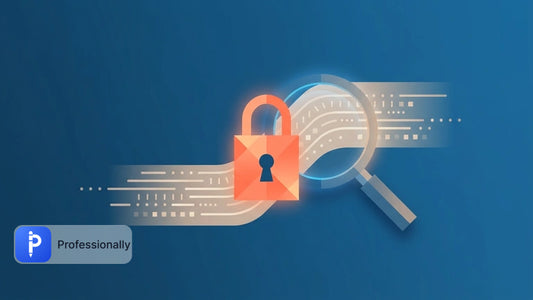 Magnifying glass inspecting digital data streams and a glowing lock.