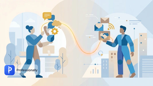 Abstract illustration of two professionals communicating across different cultural contexts via digital connection.