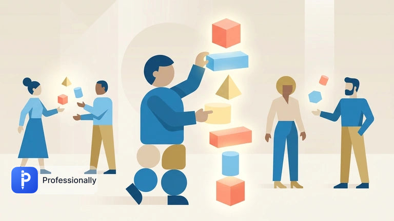 Abstract illustration of a professional organizing geometric blocks into a structured stack.
