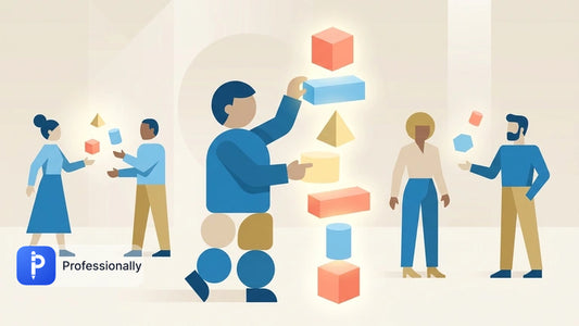 Abstract illustration of a professional organizing geometric blocks into a structured stack.
