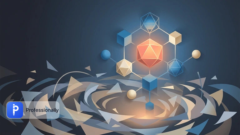 Abstract geometric structure bringing order to chaotic floating shapes in soft blue lighting.
