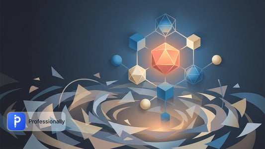 Abstract geometric structure bringing order to chaotic floating shapes in soft blue lighting.