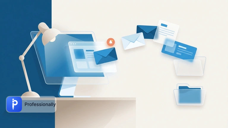 Professional working at a desk with an organized AI email interface