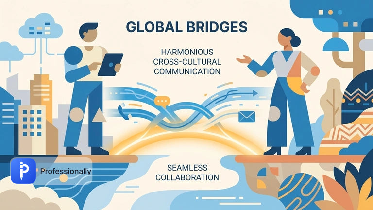 Abstract illustration of cross-cultural communication in a global hybrid team.