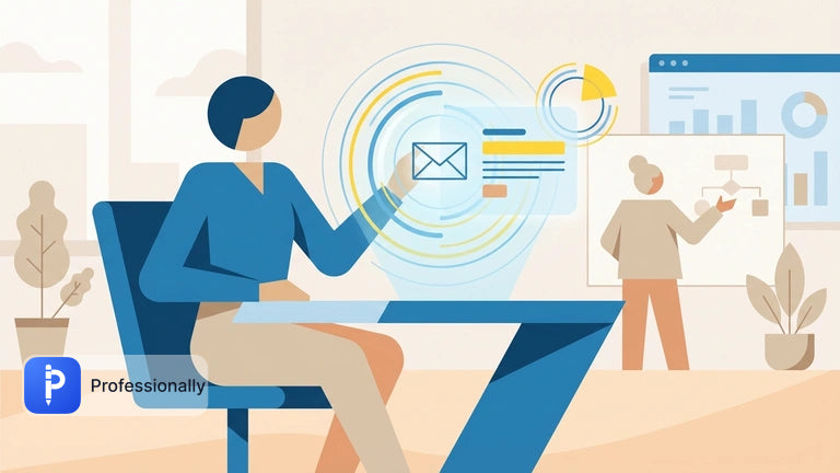 Professional reviewing AI-enhanced email communication on a holographic screen.