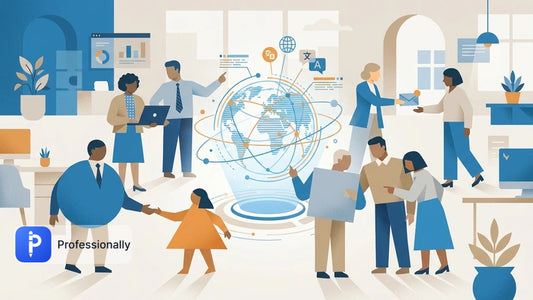Professionals collaborating around a digital globe representing cross-cultural communication and cultural tone.
