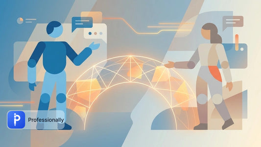 Abstract illustration of professionals communicating clearly across a digital bridge.