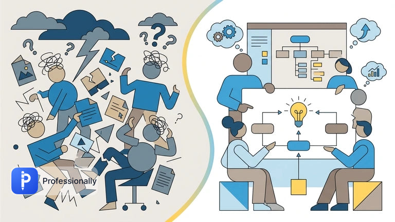 Abstract illustration of chaotic energy transforming into structured professional communication