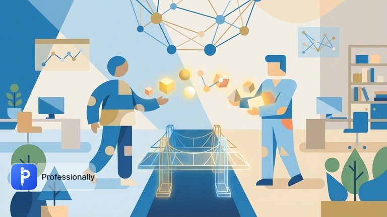 Abstract illustration of two professionals exchanging clear communication across a digital bridge.