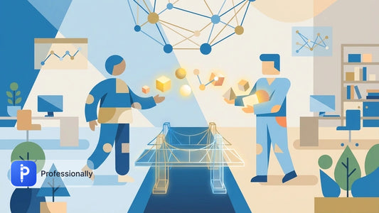 Abstract illustration of two professionals exchanging clear communication across a digital bridge.