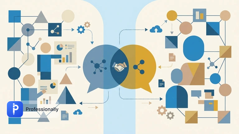 Abstract illustration of speech bubbles bridging a communication gap between two networks