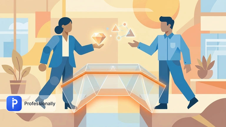 Two professionals exchanging clear communication signals across a glowing bridge