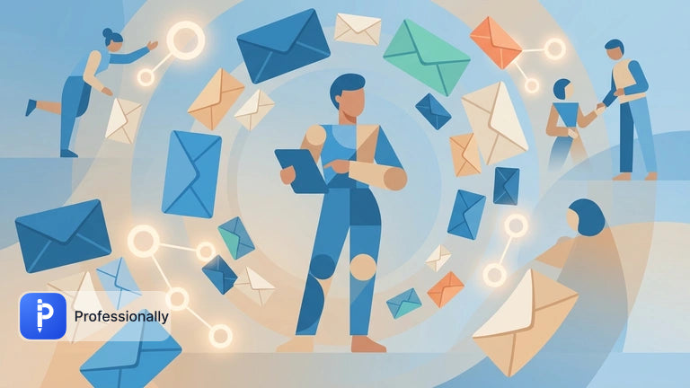 Professional managing a streamlined flow of digital communication envelopes.