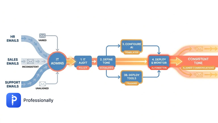 Abstract diagram showing email tone standardization across different departments.