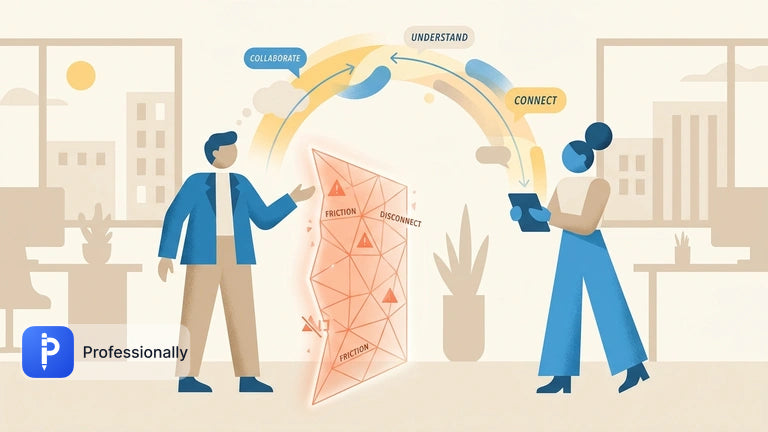 Abstract illustration of two professionals overcoming digital communication barriers in a hybrid workspace.