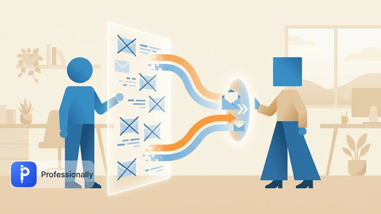 Abstract illustration of hybrid professionals navigating digital communication barriers and email overload.