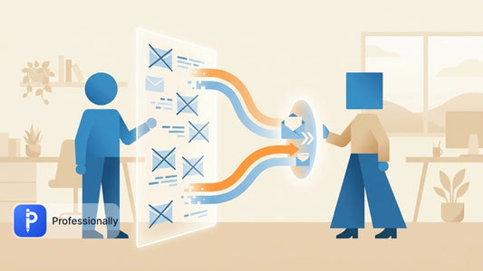 Abstract illustration of hybrid professionals navigating digital communication barriers and email overload.