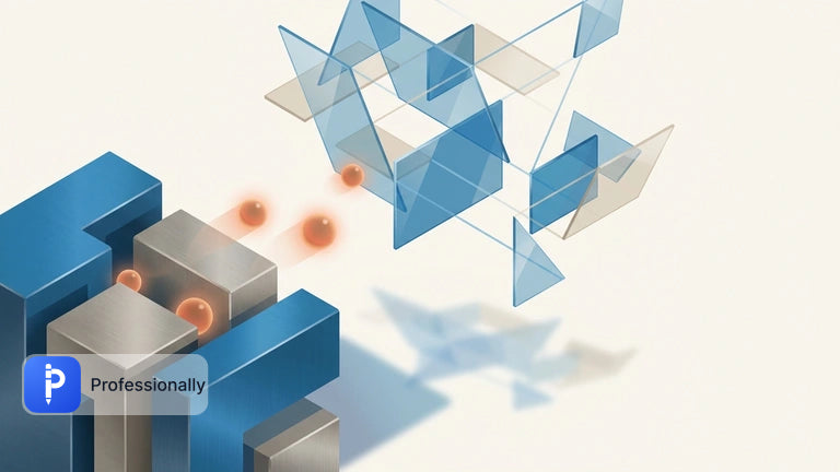 Abstract 3D visualization of data migrating from a rigid structure to a modern network.