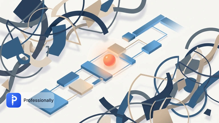 Abstract digital pathway cutting through chaotic geometric shapes representing clarity.