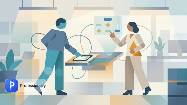 Illustration of colleagues communicating and collaborating professionally across a modern workplace workspace