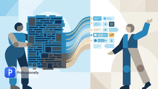 Abstract illustration of dense text transforming into clear communication between two people