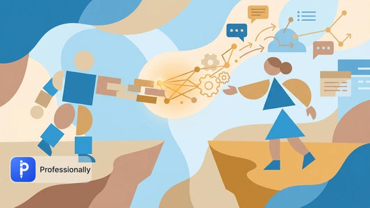 Abstract illustration of two professionals bridging a communication gap