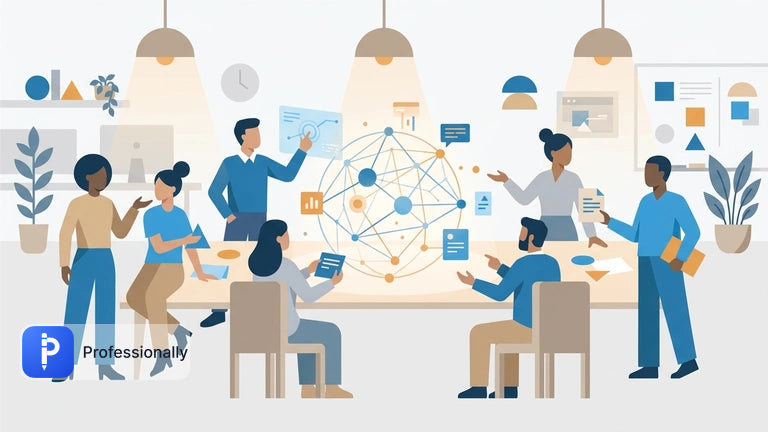 Professionals collaborating across a digital communication network