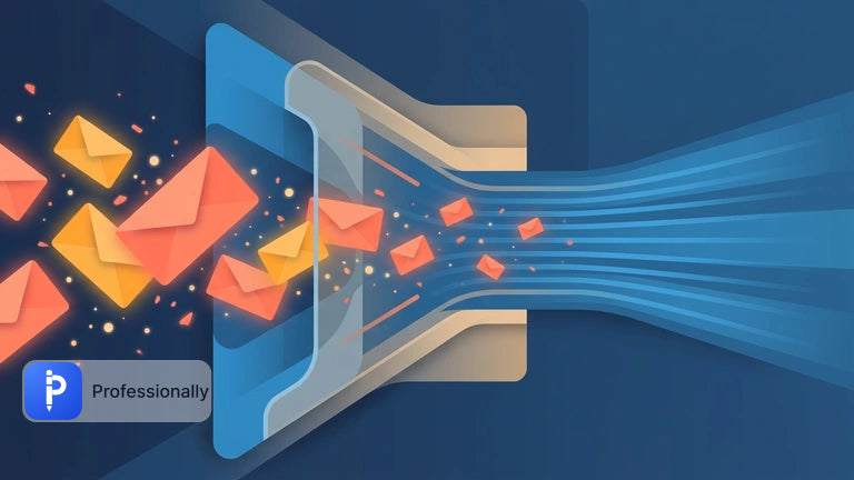 Abstract glowing envelopes flowing through a structured digital funnel