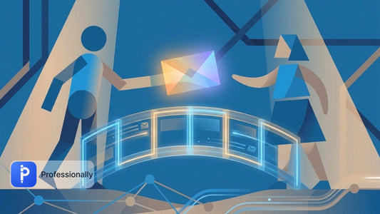 Abstract illustration of two figures exchanging a glowing envelope across a digital bridge.