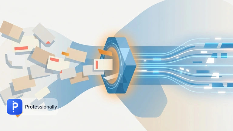 Abstract visualization of chaotic email envelopes being organized into clean digital data streams.